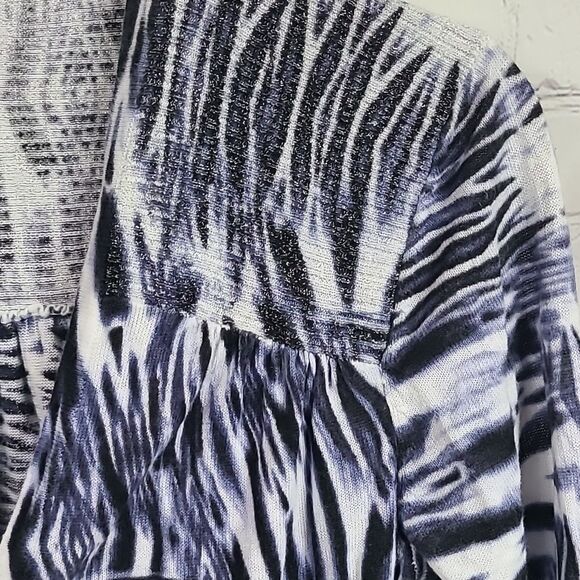 Chico's Navy Tie Dye Shimmer Linen Open Front Cardigan Lightweight Knit Sweater - Picture 7 of 9